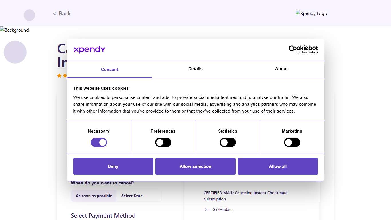 Cancel Instant Checkmate within 2 minutes Xpendy